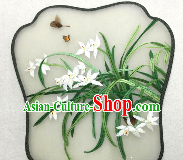 China Traditional Palace Fan Classical Dance Silk Fan Handmade Suzhou Embroidered Orchids Silk Fan
