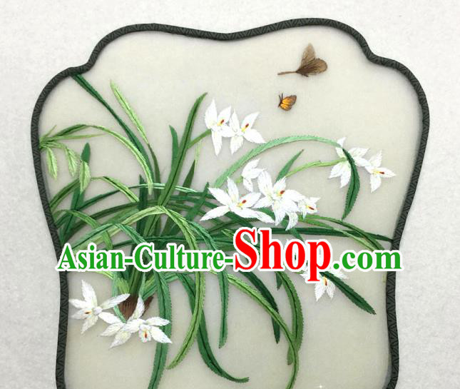 China Traditional Palace Fan Classical Dance Silk Fan Handmade Suzhou Embroidered Orchids Silk Fan