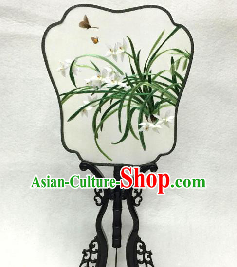 China Traditional Palace Fan Classical Dance Silk Fan Handmade Suzhou Embroidered Orchids Silk Fan