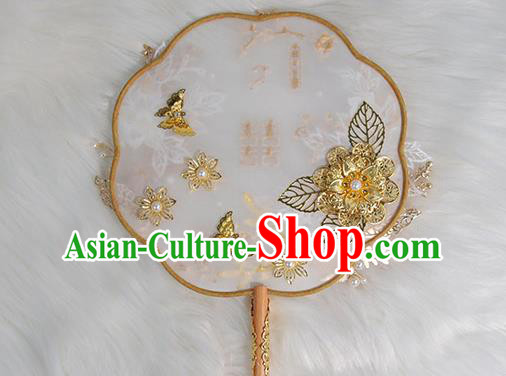China Classical Wedding Circular Fan Traditional Handmade Shell Flowers Palace Fan