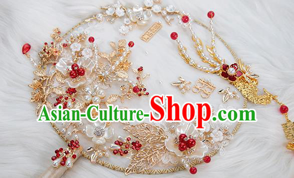 China Traditional Handmade Shell Plum Blossom Palace Fan Classical Wedding Golden Phoenix Circular Fan