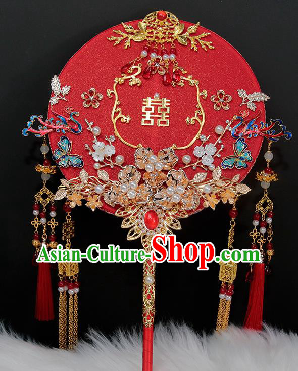 China Classical Wedding Golden Tassel Circular Fan Handmade Palace Fan Traditional Red Fan