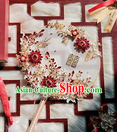 China Traditional Red Crystal Fan Classical Wedding Lace Flowers Circular Fan Handmade Palace Fan