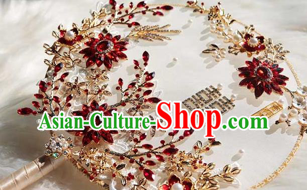 China Traditional Red Crystal Fan Classical Wedding Lace Flowers Circular Fan Handmade Palace Fan