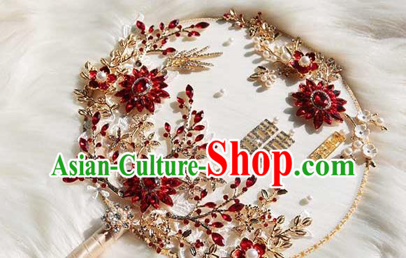 China Traditional Red Crystal Fan Classical Wedding Lace Flowers Circular Fan Handmade Palace Fan