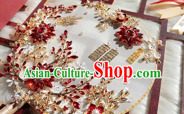China Traditional Red Crystal Fan Classical Wedding Lace Flowers Circular Fan Handmade Palace Fan