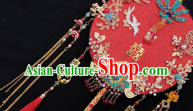 China Traditional Blueing Phoenix Red Fan Handmade Palace Fan Classical Wedding Circular Fan