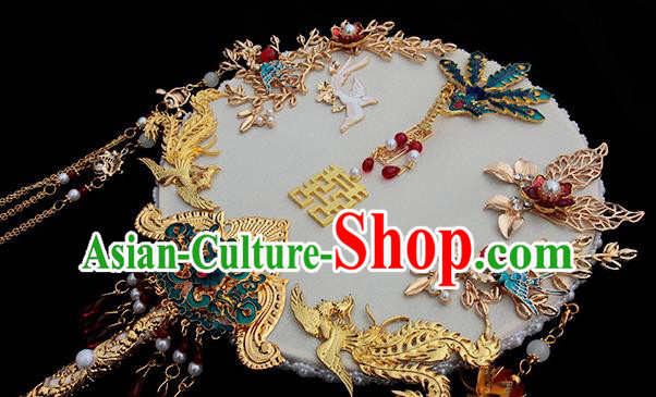 China Handmade Palace Fan Classical Wedding Circular Fan Traditional Blueing Phoenix Fan