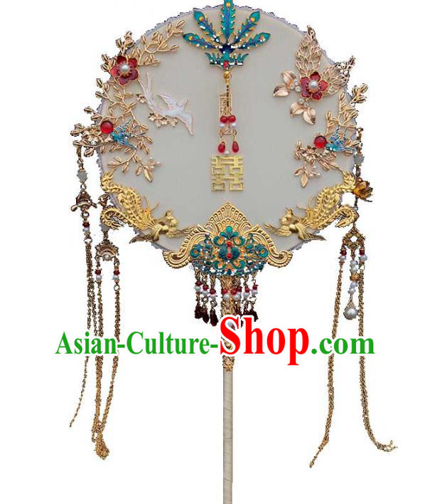 China Handmade Palace Fan Classical Wedding Circular Fan Traditional Blueing Phoenix Fan