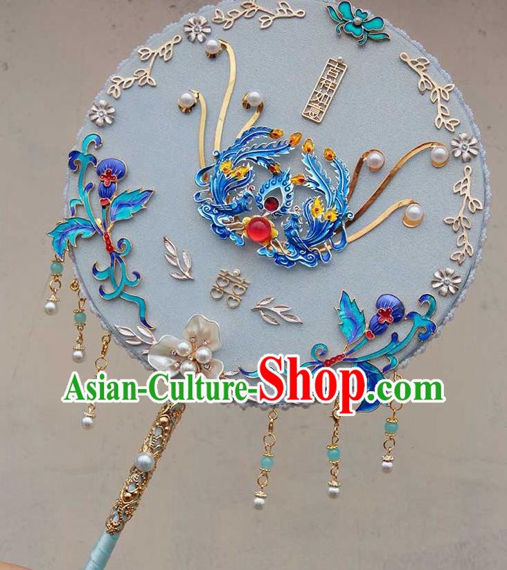 China Traditional Blueing Phoenix Fan Handmade Shell Flower Palace Fan Classical Wedding White Circular Fan