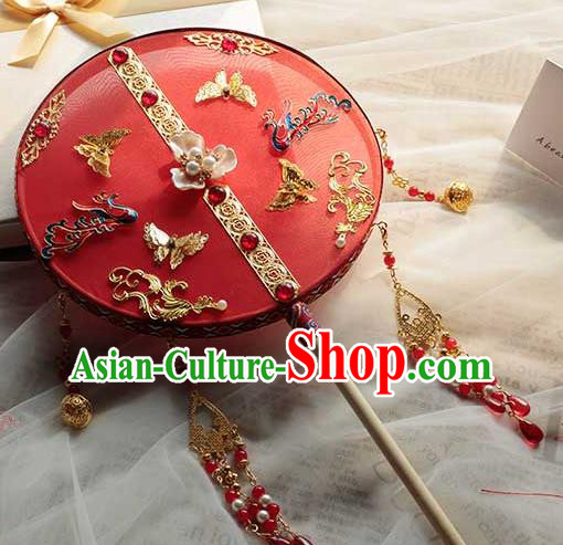 China Classical Dance Red Silk Circular Fan Handmade Wedding Palace Fan Traditional Bride Blueing Phoenix Fan