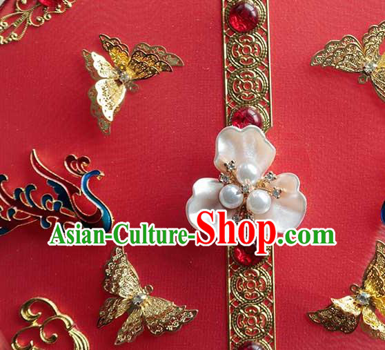 China Classical Dance Red Silk Circular Fan Handmade Wedding Palace Fan Traditional Bride Blueing Phoenix Fan