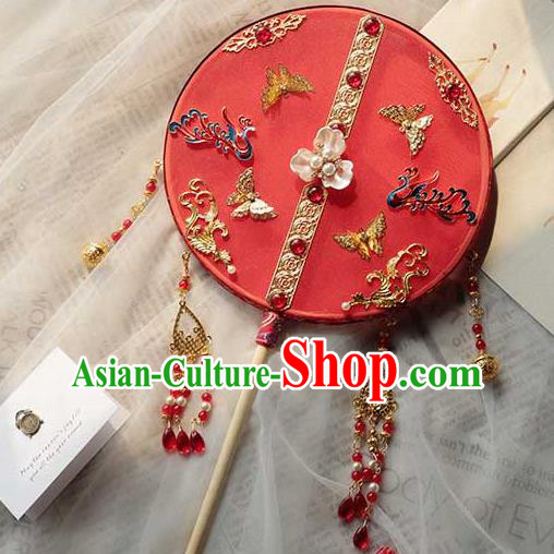 China Classical Dance Red Silk Circular Fan Handmade Wedding Palace Fan Traditional Bride Blueing Phoenix Fan