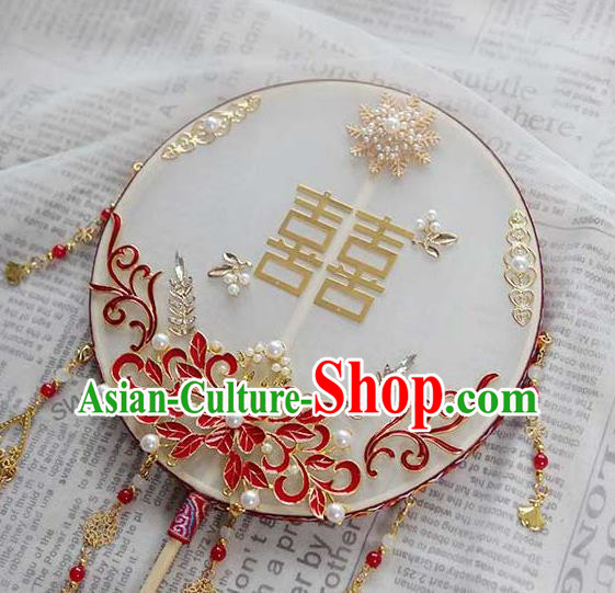 China Classical Dance Enamel Red Flower Circular Fan Handmade Wedding Palace Fan Traditional Bride Fan