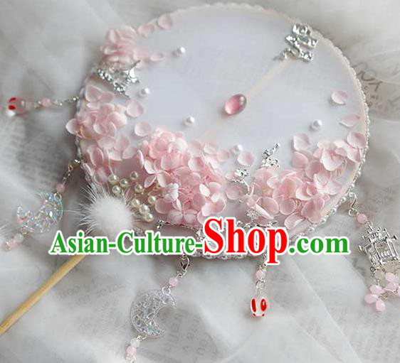 China Traditional Bride White Silk Fan Classical Dance Circular Fan Handmade Wedding Pink Hydrangea Palace Fan