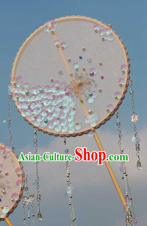 China Traditional Bride Beads Tassel Silk Fan Classical Dance Circular Fan Handmade Wedding Scale Palace Fan