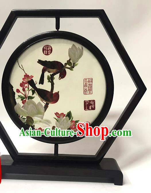 China Suzhou Embroidered Craft Handmade Wenge Ornament Traditional Embroidery Mangnolia Table Screen