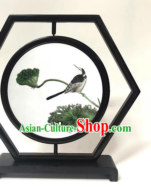 China Traditional Embroidery Lotus Seedpod Craft Embroidered Hexagon Table Screen Handmade Wenge Ornament