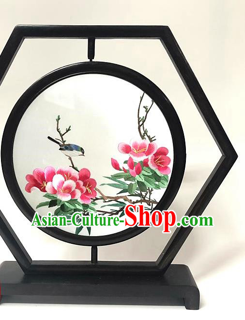 China Embroidered Flowers Bird Wenge Ornament Traditional Embroidery Craft Handmade Hexagon Table Screen