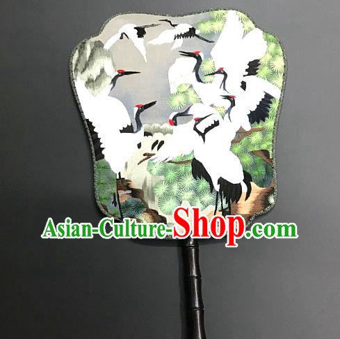 China Double Sides Silk Fan Traditional Suzhou Embroidery Hanfu Fan Handmade Embroidered Cranes Dance Palace Fan