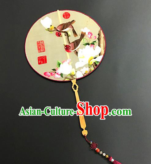 China Silk Circular Fan Traditional Suzhou Embroidery Hanfu Fan Handmade Embroidered Mangnolia Birds Palace Fan