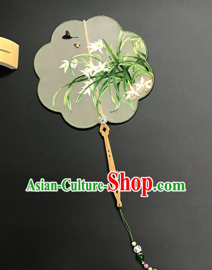 China Traditional Suzhou Embroidery Hanfu Fan Embroidered Orchids Silk Fan Handmade Palace Fan