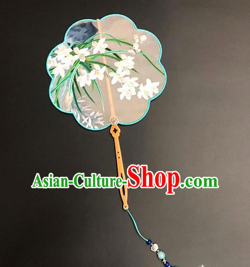 China Embroidered Orchids Silk Fan Handmade Palace Fan Suzhou Embroidery Craft Traditional Hanfu Fan