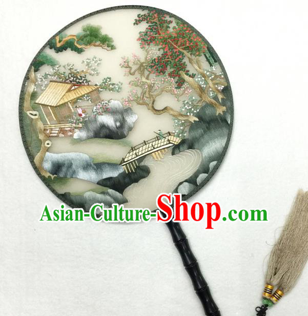 Handmade China Silk Fan Traditional Hanfu Circular Fan Embroidered Waterside Pavilion Palace Fan