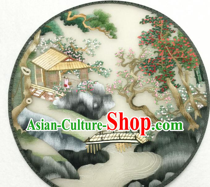 Handmade China Silk Fan Traditional Hanfu Circular Fan Embroidered Waterside Pavilion Palace Fan