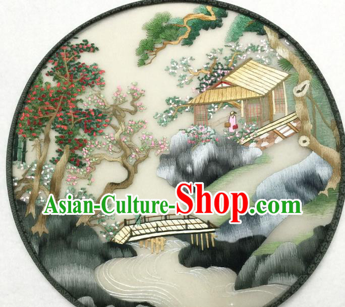 Handmade China Silk Fan Traditional Hanfu Circular Fan Embroidered Waterside Pavilion Palace Fan
