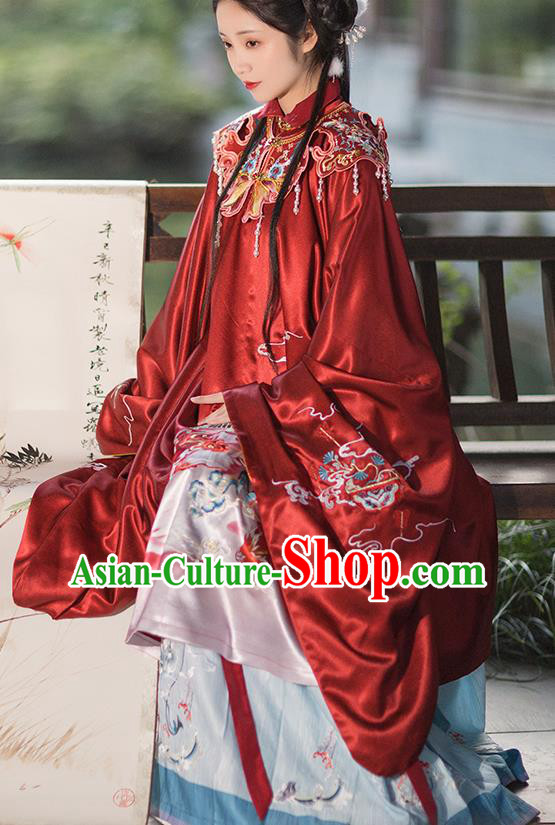 China Ancient Ming Dynasty Royal Princess Historical Clothing Traditional Hanfu Red Gown and Skirt Full Set