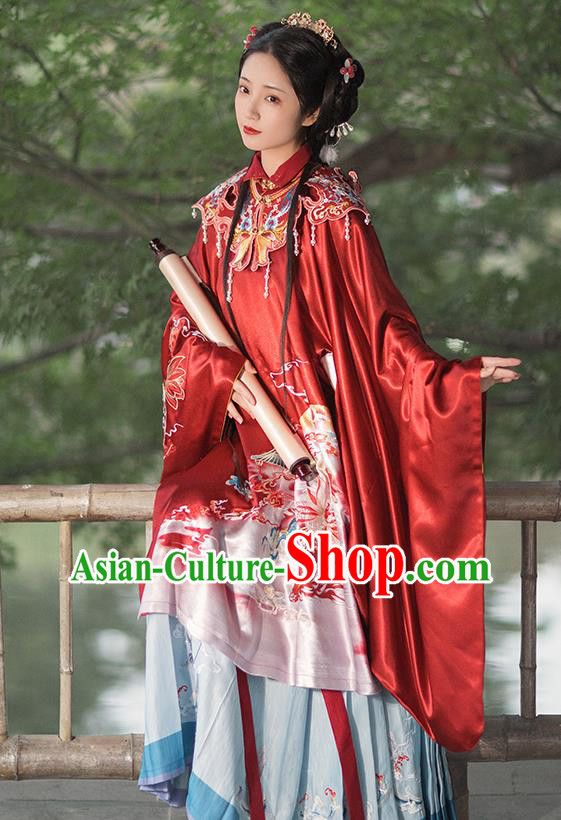 China Ancient Ming Dynasty Royal Princess Historical Clothing Traditional Hanfu Red Gown and Skirt Full Set