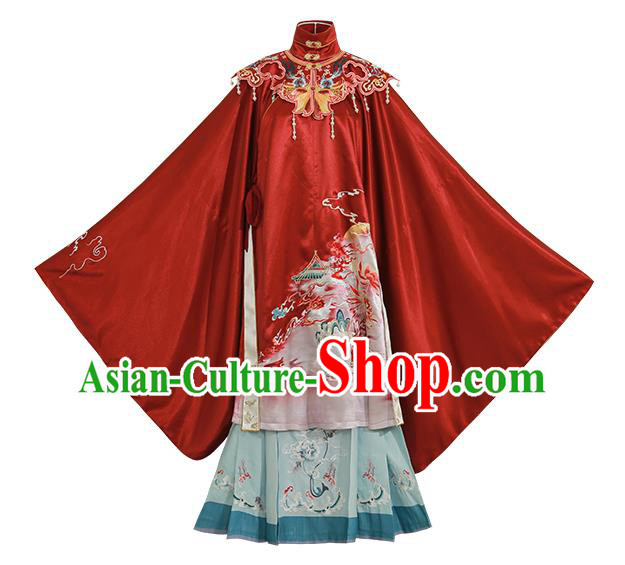 China Ancient Ming Dynasty Royal Princess Historical Clothing Traditional Hanfu Red Gown and Skirt Full Set