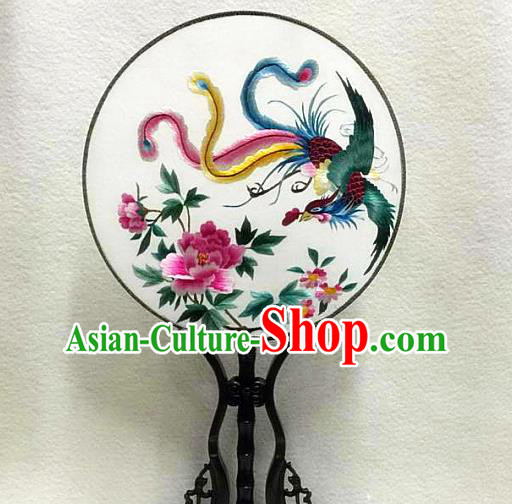 Handmade Embroidered Phoenix Peony Silk Fan China Palace Fan Traditional Hanfu Circular Fan