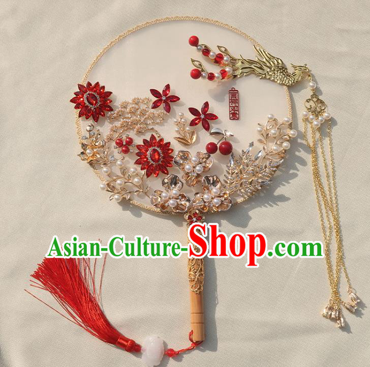 China Classical Dance Golden Phoenix Tassel Silk Fan Traditional Wedding Pearls Circular Fan Handmade Bride Red Crystal Palace Fan