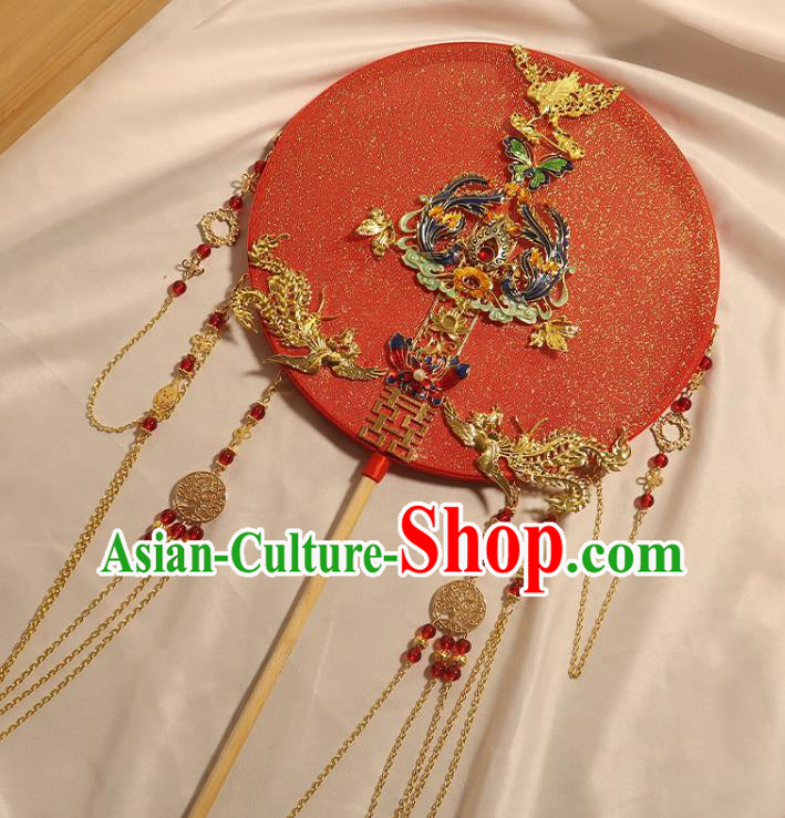 China Classical Dance Cloisonne Butterfly Circular Fan Handmade Bride Palace Fan Traditional Wedding Golden Phoenix Tassel Fan