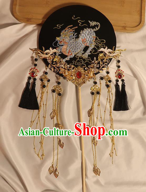 China Handmade Bride Palace Fan Traditional Wedding Black Fan Classical Dance Embroidered Kylin Circular Fan