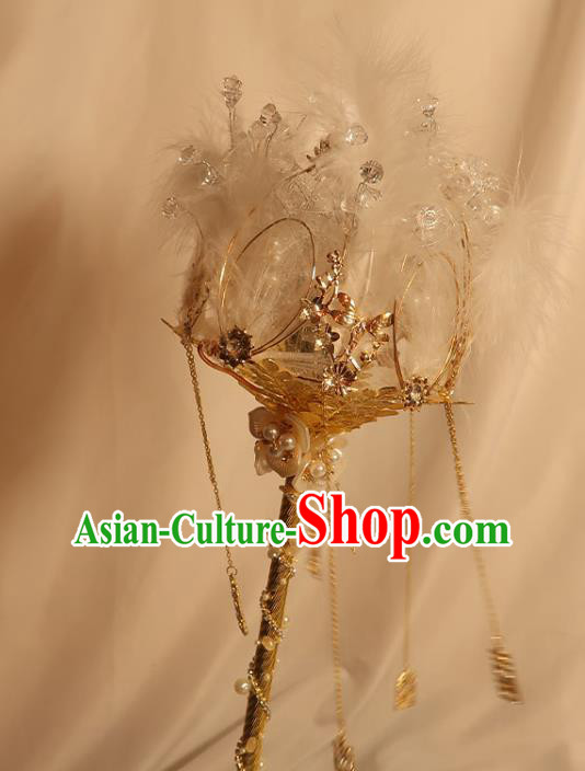 Handmade Queen Golden Sceptre Top Grade Wedding Bridal Bouquet Bride White Feather Cane