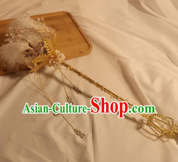 Handmade Queen Golden Sceptre Top Grade Wedding Bridal Bouquet Bride White Feather Cane
