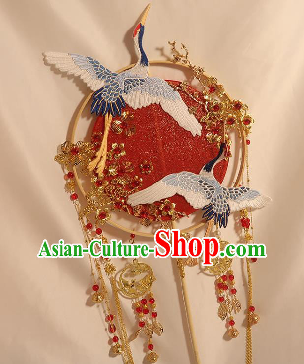 China Traditional Wedding Embroidered Crane Circular Fan Handmade Bride Palace Fan Classical Dance Red Silk Fan
