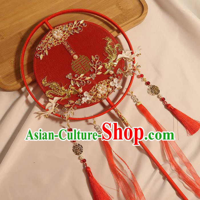 China Traditional Wedding Pearls Plum Fan Handmade Bride Red Silk Palace Fan Classical Dance Circular Fan