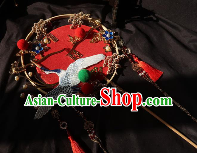 China Ancient Princess Embroidered Crane Circular Fan Traditional Wedding Palace Fan Handmade Hanfu Red Silk Fan