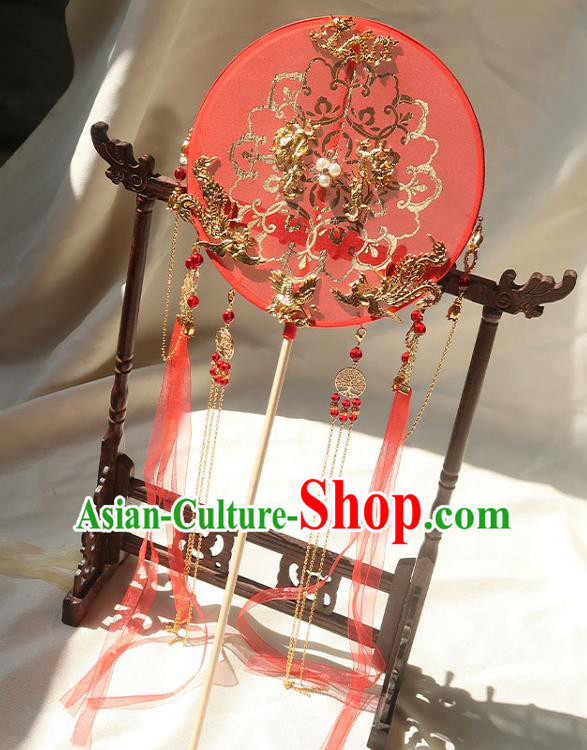 China Traditional Wedding Red Ribbon Tassel Palace Fan Ancient Princess Circular Fan Handmade Hanfu Silk Fan