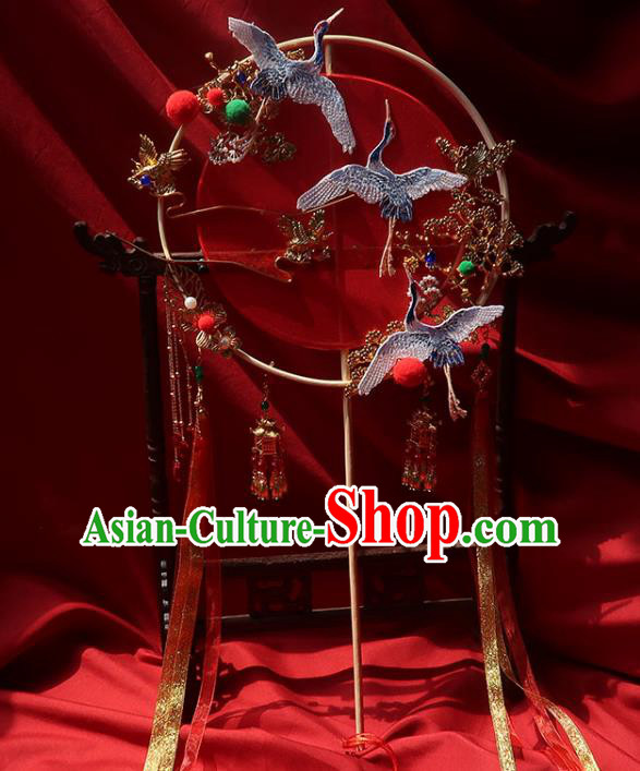 China Traditional Wedding Red Silk Palace Fan Ancient Princess Circular Fan Handmade Hanfu Embroidered Cranes Fan