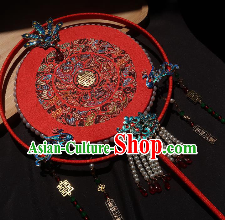 China Traditional Wedding Blueing Phoenix Palace Fan Handmade Hanfu Embroidered Fan Ancient Princess Red Circular Fan