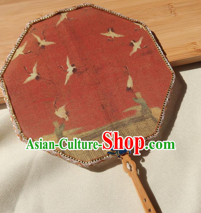 China Traditional Wedding Red Palace Fan Handmade Hanfu Silk Fan Ancient Princess Printing Cranes Fan