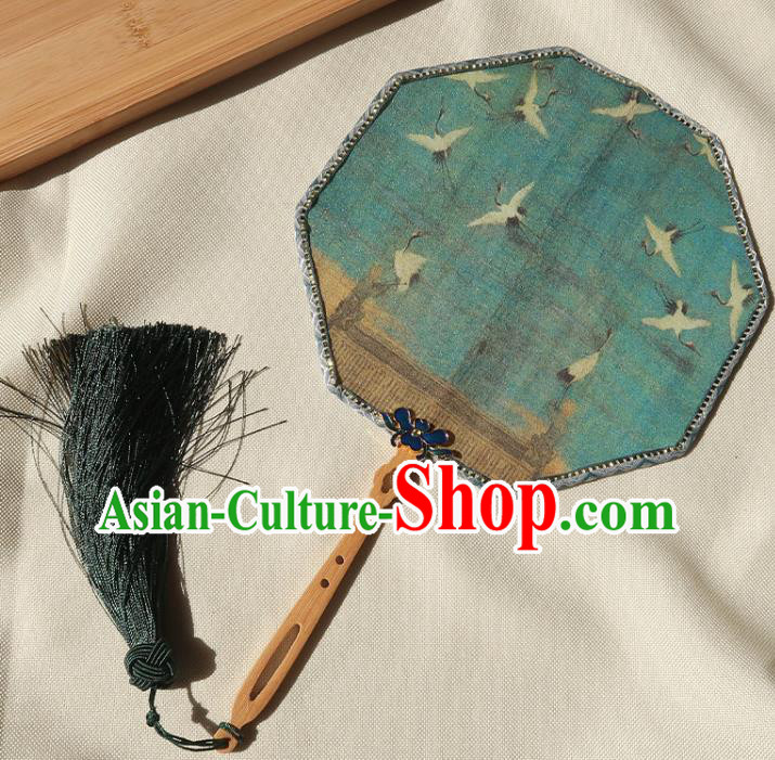 China Classical Printing Cranes Octagon Fan Traditional Wedding Palace Fan Handmade Hanfu Green Silk Fan