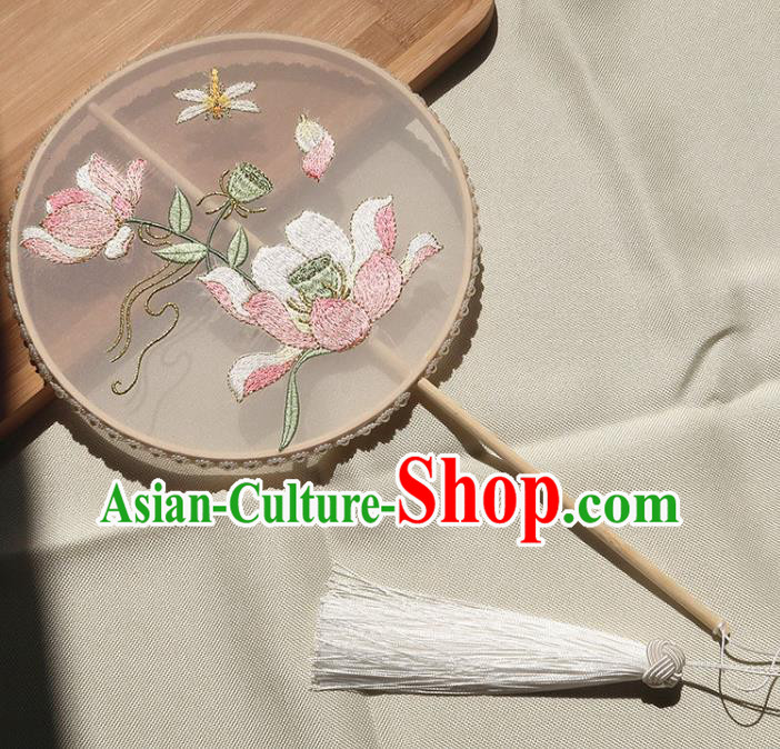 China Handmade Hanfu Light Pink Silk Fan Classical Embroidered Lotus Circular Fan Traditional Wedding Palace Fan