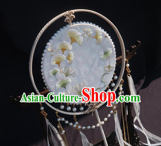 China Classical Hanfu Light Blue Silk Fan Handmade Embroidered Ginkgo Palace Fan Traditional Wedding Ribbon Tassel Fan