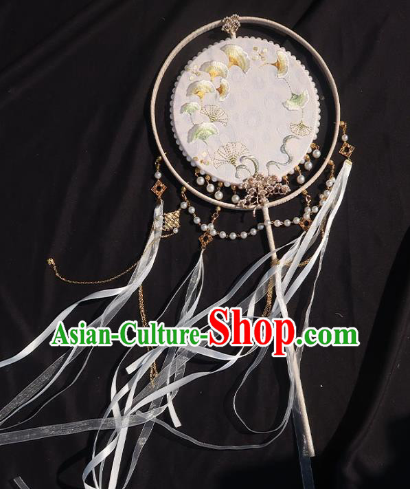 China Traditional Wedding Ribbon Tassel Fan Classical Hanfu White Silk Fan Handmade Embroidered Ginkgo Palace Fan